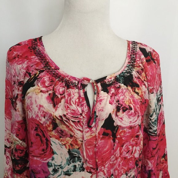 VANESSA VIRGINIA Anthropologie 100% Silk Rose Floral Print Tie Collar Shirt - Picture 4 of 8